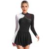 Womens Sparkly Rhinestone Figure Skating Dance Dress Contrast Color Sheer Mesh Patchwork Long Sleeve Mock Neck Dresses