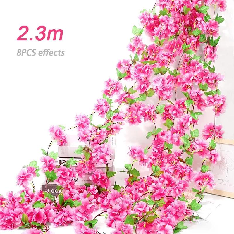 Artificial Flowers Cherry Blossom Sakura Garland Wedding Arch Garden Backdrop Home Party Decoration Silk Fake Plants Vine 230cm