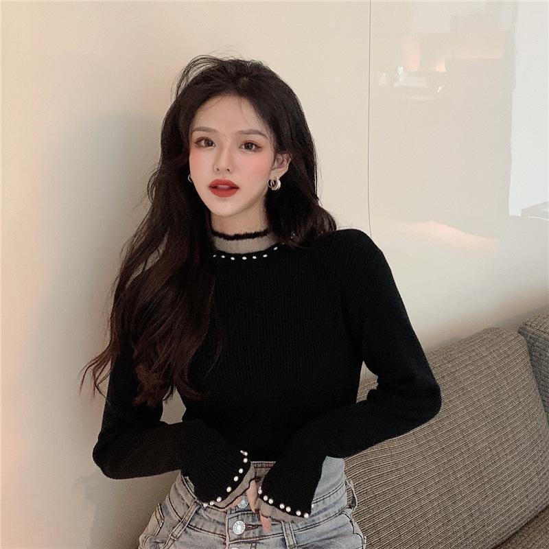 Autumn Slim Fit Design with Lace Patchwork Top Pearl Semi High Neck Base Knitted Sweater for Women's Wear
