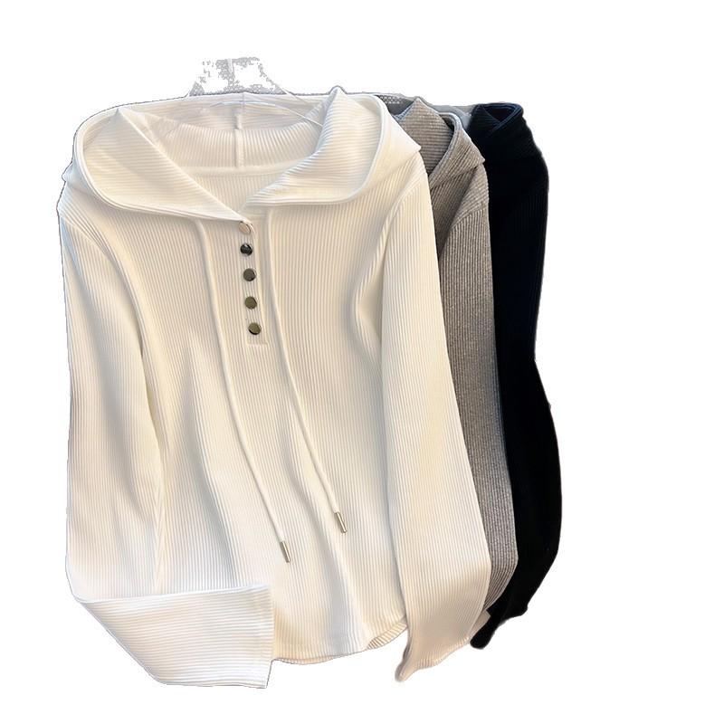 Plus Size 240 Jin Loose Fit Drawstring Hooded Long Sleeve Women's T-shirt - Spring/Autumn Slimming Base Top