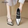 Fashion French Style Silver Black Mary Jane Shoes Pointed Toe Chunky Heel Ankle Strap Dress Shoes for Women Elegant Mid Heel Pumps 34-42