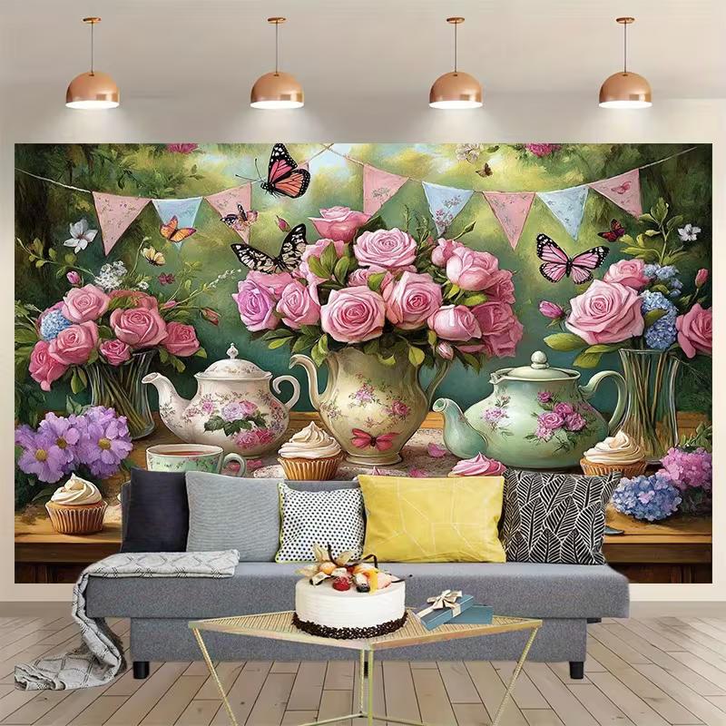2D Vintage Tea Party Backdrop Pink Roses Teapot Cupcake Garden Background