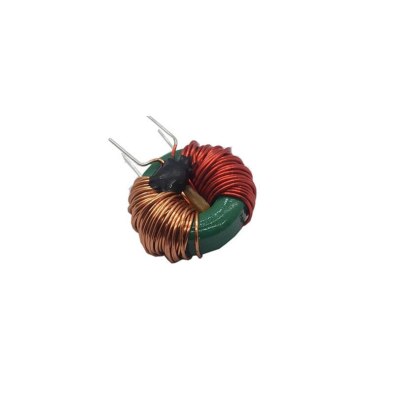 Common Mode Choke Inductor, T12x6x4, 0.35 Wire, Red Bobbin, Split Winding 20mH 2A, with Magnetic Core and Central Partition.