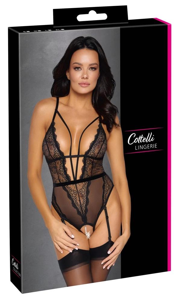 Cottelli LINGERIE - Black Lace Bodysuit with Pearls at the Crotch M