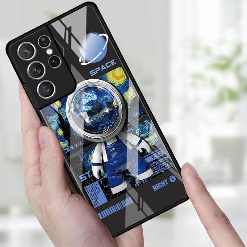Стеклянный чехол для телефона для Samsung Galaxy S22 S21 S20 Ultra FE S9 S10 S8 Plus Note 20 10 Lite 9 8 Чехол Coque Милая голова Мини-астронавт