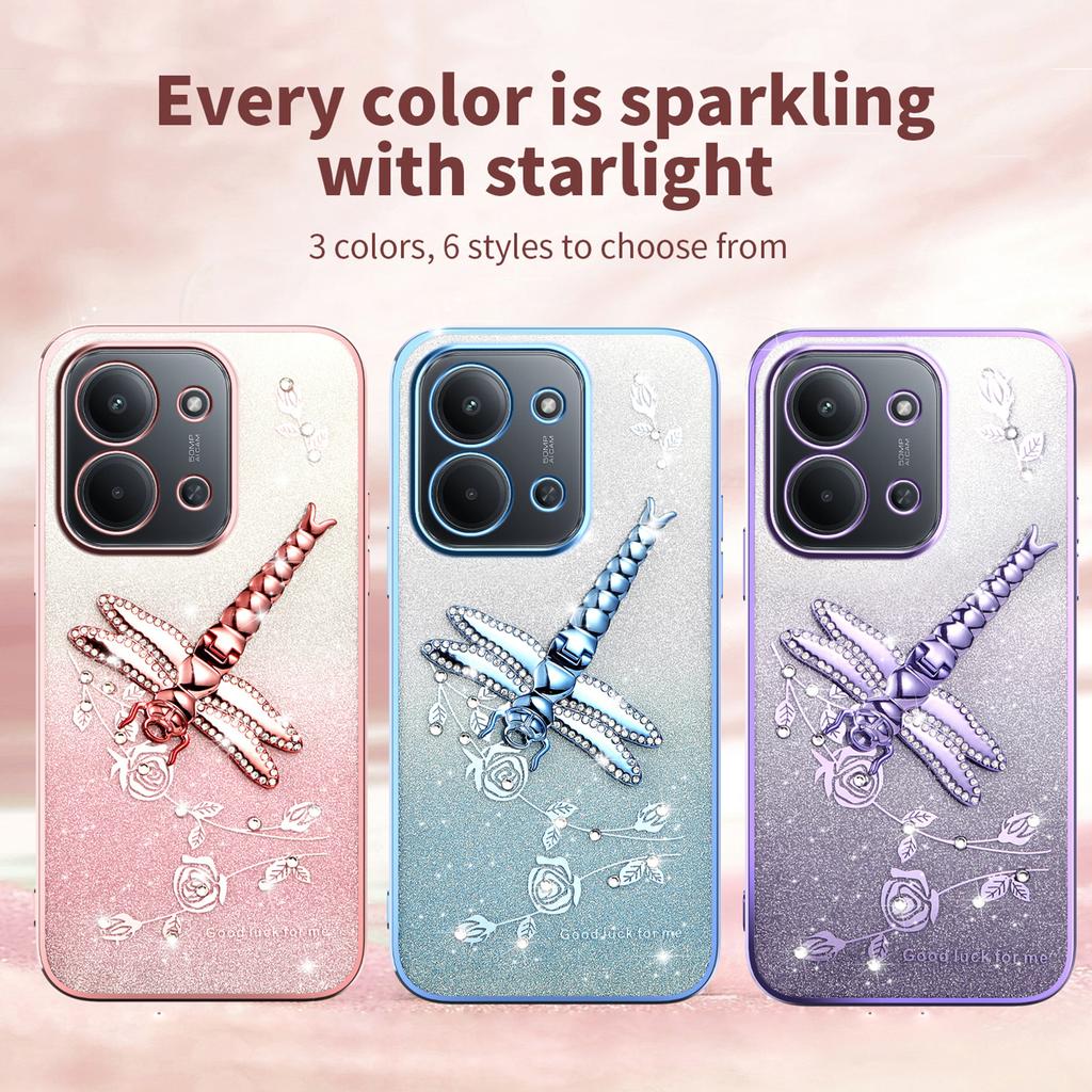 Phone Case For Xiaomi Redmi 15C 4G (EU) (173mm)/15C 5G (EU) (173mm)/Poco C85 Dragonfly Kickstand TPU Flowers Glitter Cover