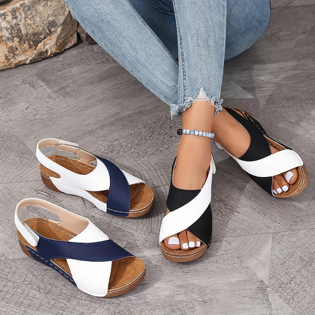 Women's Contrast Color Wedge Sandals, Peep Toe Slingback Soft Sole Shoes, Comfy Outdoor Summer Sandals