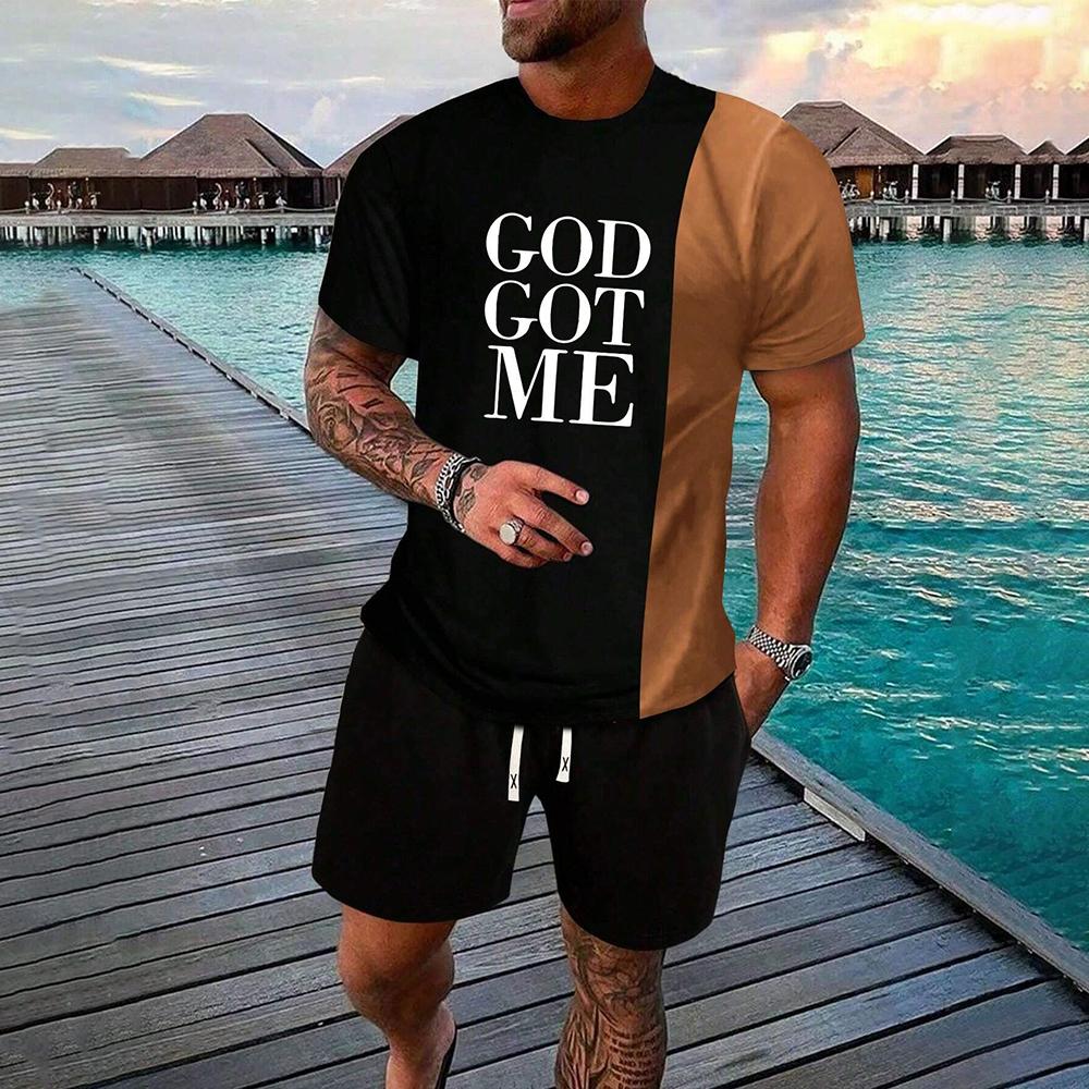 Мужская летняя повседневная футболка с круглым вырезом, коротким рукавом, принтом в виде 3D-букв и цветов, комплект шорт на шнурке, спортивная одежда