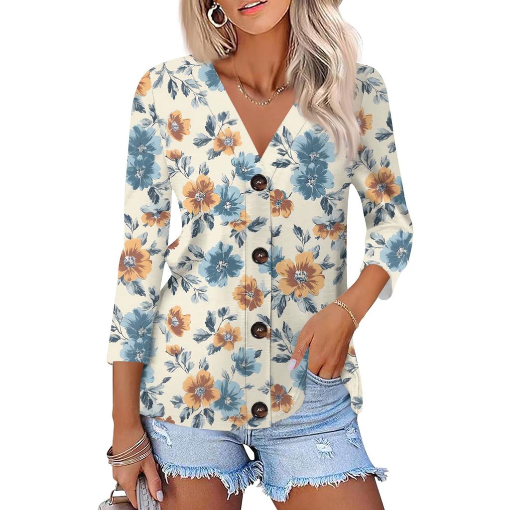 Women's Fashion Casual Print Button-down Shirt 3/4 Long Sleeve Tops