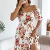 Пляжное платье для отпуска с открытыми плечами и цветочным принтом, женское, с оборками, весеннее, летнее, с короткими рукавами
