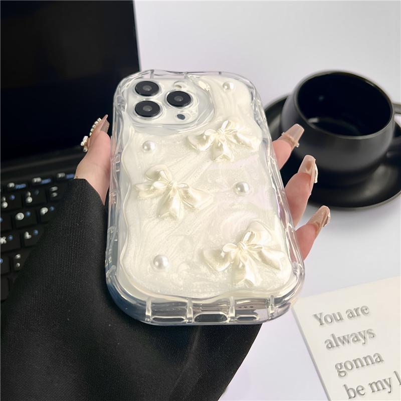 Милый 3D Чехол для телефона с жемчужным бантом и волнами для iPhone 17 Air 16 15 14 13 12 11 Pro Max Plus Мягкий ударопрочный бампер Защитная крышка