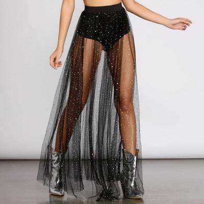 Сексуальная юбка с перспективой Эластичная юбка с высокой талией Плиссированная кружевная сетчатая юбка Украшение блестящими стразами Макси-юбка Клубная одежда на каждый день