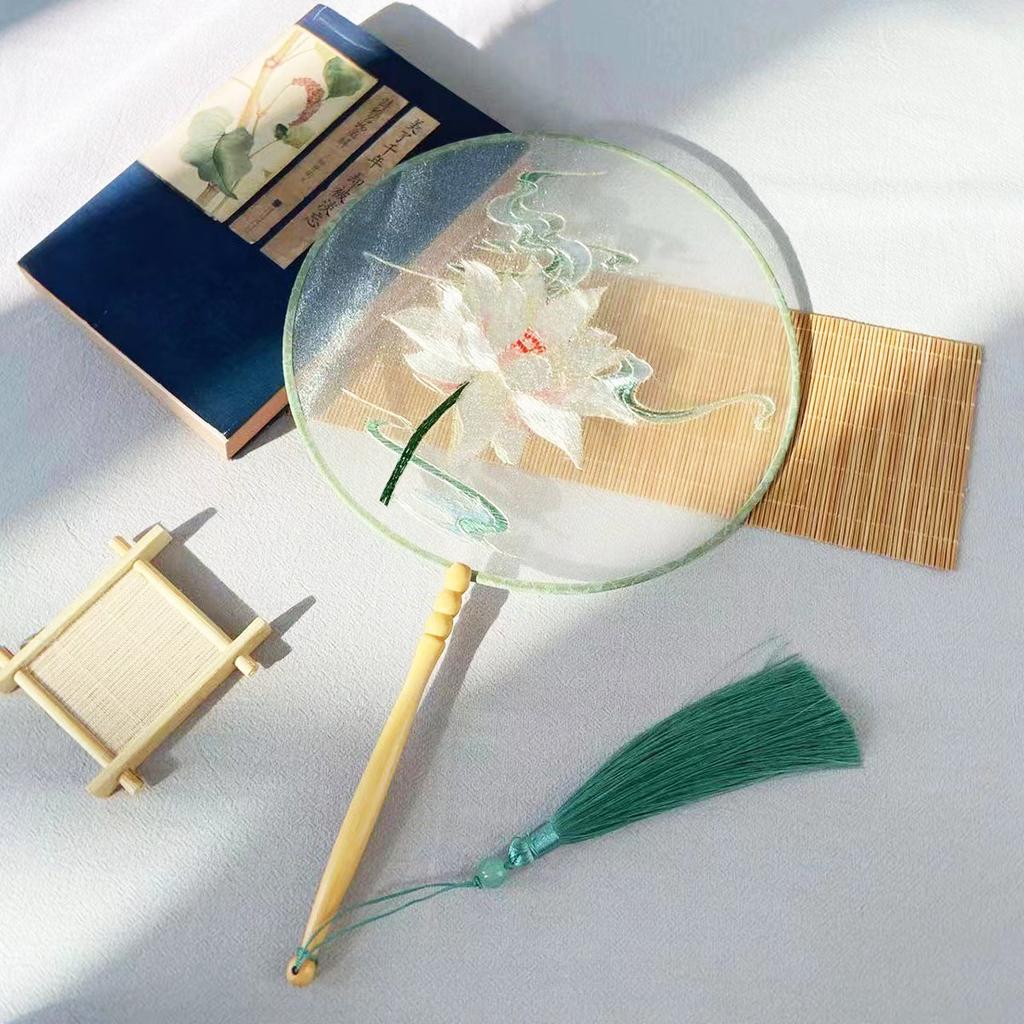 Embroidery Round Fan Classical Long Handle Group Fan Dance Fans Photography Props Home Decor