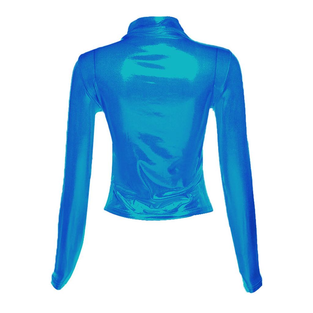 Женская блестящая футболка с длинным рукавом, модные металлические топы с воротником-стойкой, облегающие топы, вечерняя клубная одежда