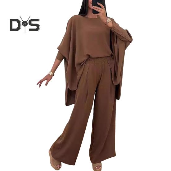 2 шт./комплект женский топ брюки костюм круглый вырез нерегулярный подол рукава летучая мышь однотонная блузка эластичная талия широкие брюки повседневная одежда для поездок на работу