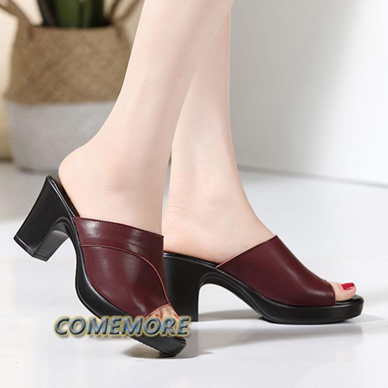 Модные туфли на высоком каблуке, шлепанцы для женщин, лето 2024, новый стиль, толстый каблук, мягкая кожа, противоскользящие шлепанцы с открытым носком, женская элегантная платформа