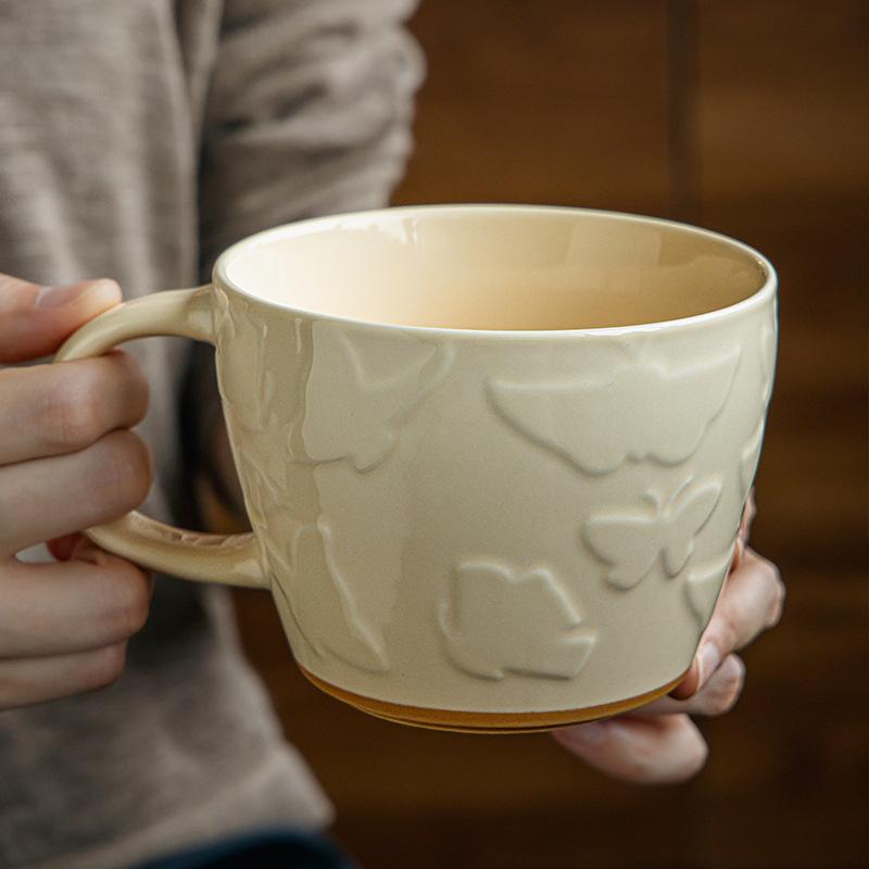 Creative Butterfly Relief Cup Niche Mug Ceramic Coffee Cup Large Capacity Breakfast Cup Water Cup Export