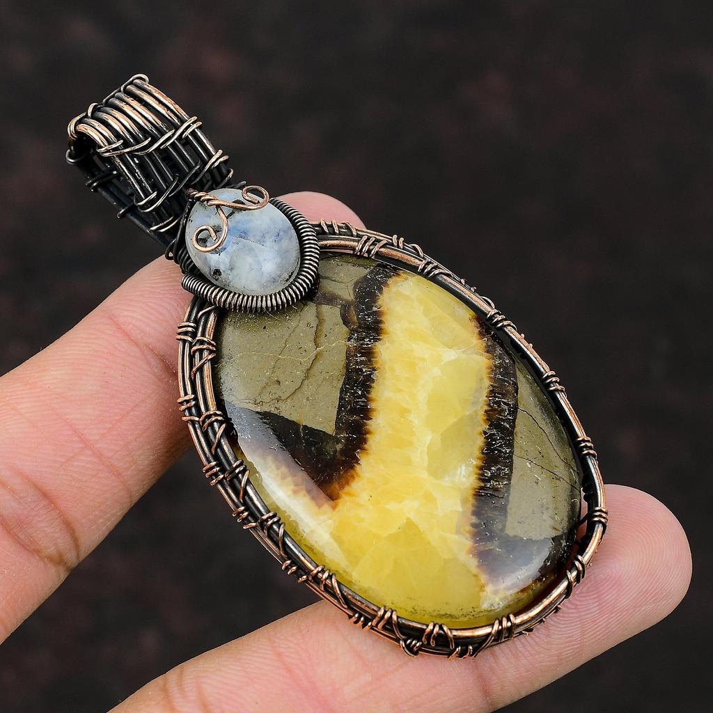 Септарианский кулон, обернутый медной проволокой, ювелирное изделие, радужный лунный камень, драгоценный камень, кулон в подарок для нее, обернутый медной проволокой, кулон ручной работы