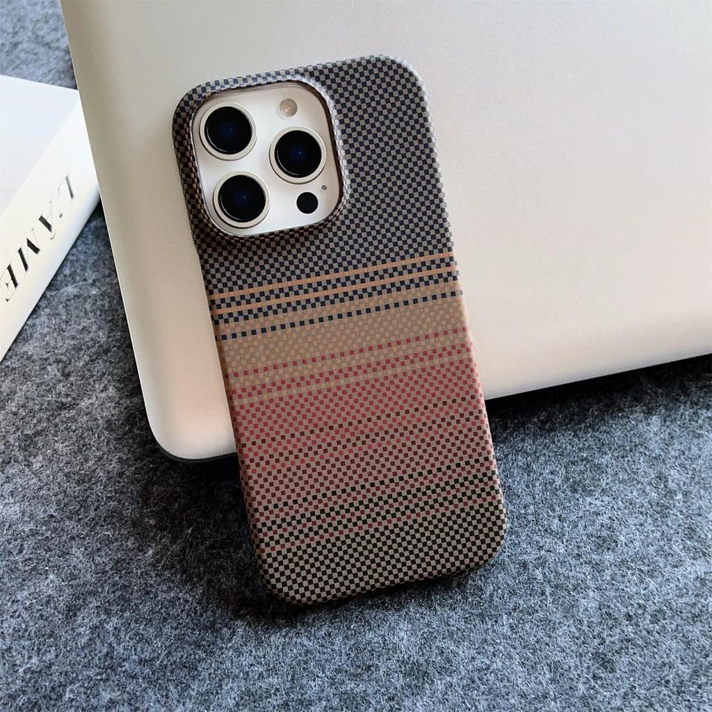 Kevlar Pattern Magnetic Phone Case for iPhone 12 13 14 15 16 Pro Max Semi Wrap Carbon Fiber Texture Slim Protective Cover