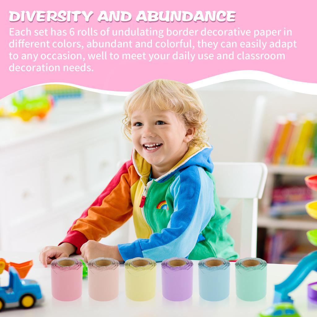 6 Rolls Colorful Bulletin Board Borders Waterproof Scalloped Bulletin Border Trim DIY Freely Cutting Crafts Decorative Paper