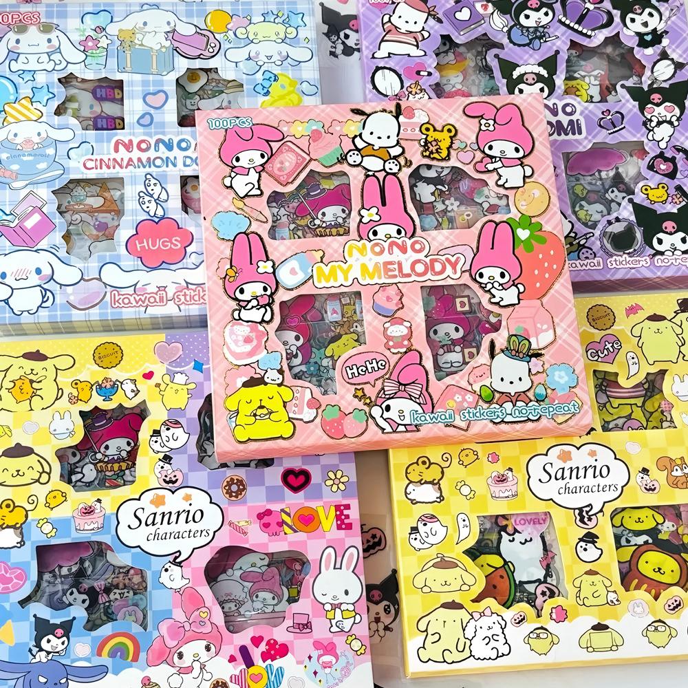 100 шт. Наклейки Sanrio для детей, девочек, наклейки, игрушки, прозрачные My Melody, Kuromi, водостойкие мультяшные наклейки, подарки на день рождения