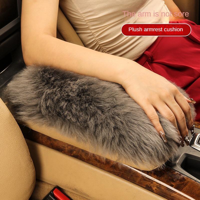Pure Wool Car Armrest Box Cushion Winter Plush Armrest Cover Sheepskin Center Handrest Support Padding For Women Interior Pink