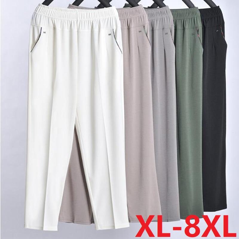 5XL 6XL 7XL 8XL Women Summer Pants Elastic High Waist Casual Ninth Pants Middle-aged Elderly Female Straight Mom Pants Plus Size