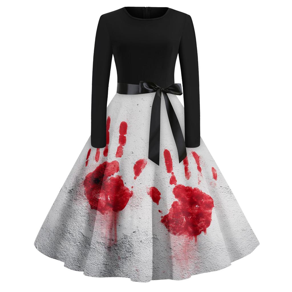 Women's Casual Fashion Round Neck Halloween Printed Vintage Dress