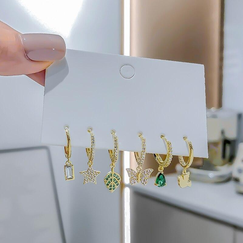 Комплект из 6 серег из стерлингового серебра 925 пробы, женские серьги-кольца в форме листьев, звезд и бабочек, капли воды, изящные ювелирные изделия