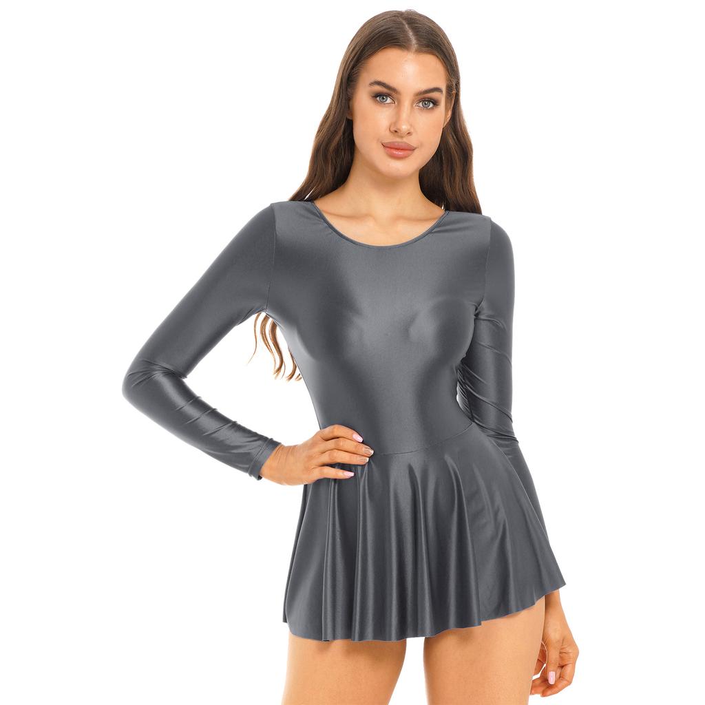 Woman Dance Gymnastics Skirted Leotard Dress Long Sleeve Sports Dance Party Mini Dress Swim Dresses