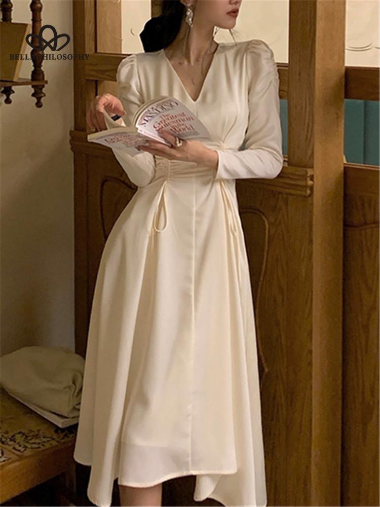 Платье миди, женское элегантное осеннее атласное платье с v-образным вырезом, модное женское платье с высокой талией и складками, винтажное атласное платье, женская одежда