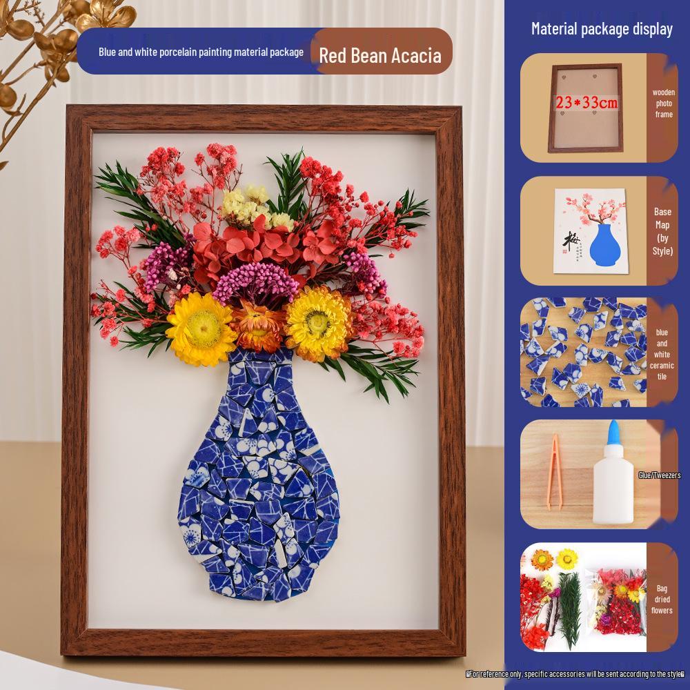 Handmade Blue & White Ceramic Photo Frame DIY Kit with Preserved Dried Flowers - Perfect for Mother's Day or Salon Events