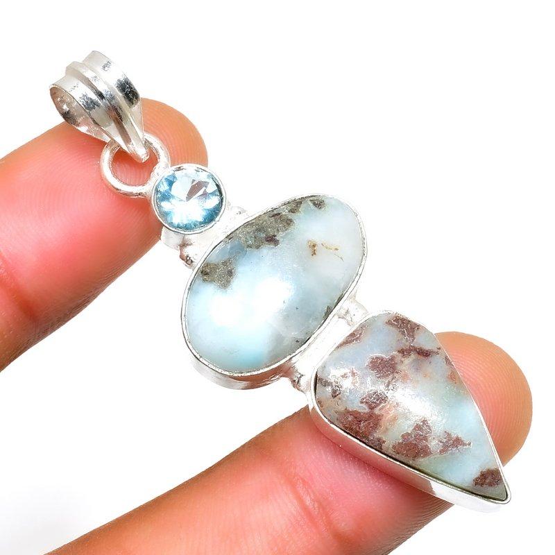 Republic Larimar Blue Topaz Gemstone 925 Silver Plated Pendant 2.08"