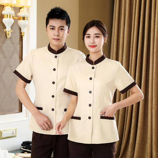 Hotel Housekeeping Uniform Women Slim Fit Top Stand Collar Short Sleeve Single Breasted Pockets Work Uniform Tops