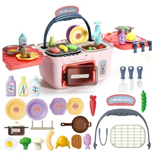 Kids Picnic Kitchen Playset Portable Pinic Basket with Musics & Lights Play Foods Sink Pretend Play Oven Toys for Boys and Girls