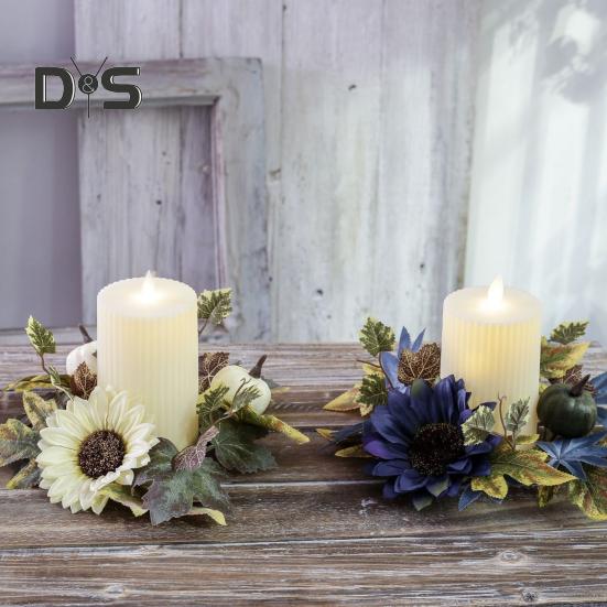 Halloween Candle Ring Wreath Artificial Pumpkin Sunflower Maple Leaf Wreath Pillar Candle Holder for Wedding Home Table Decoration