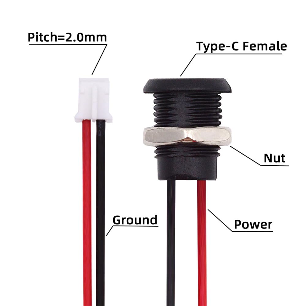 Cablecc Реверсивный гнездовой DIY OEM разъем Кабель Шаг Панельный монтаж DC 5V Питание 5шт/Набор Type-C - 2-контактный разъем, = 2,0 мм, Тип,