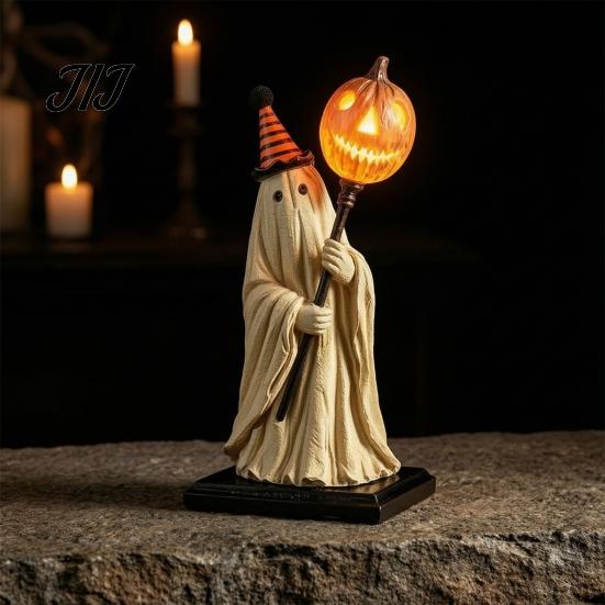 Remote Control Lighted Ornament Ghost Figurine with Control, Vintage Resin Statue Luminous Pumpkin Indoor Festive Display Scepter, Cute Spooky