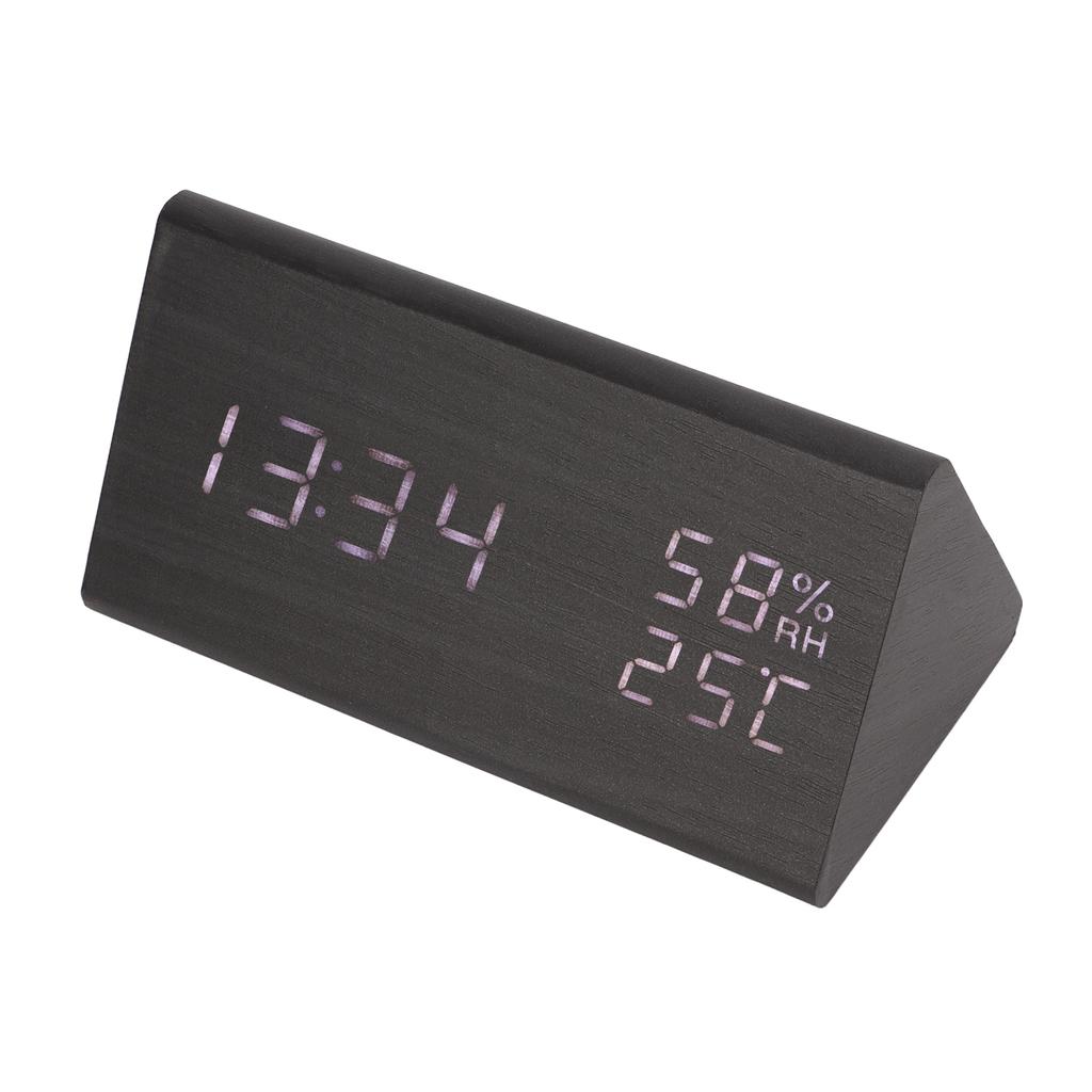 Digital Alarm Clock Regulable Brightness Temperature Humidity Display Black Wood White Light LED Des