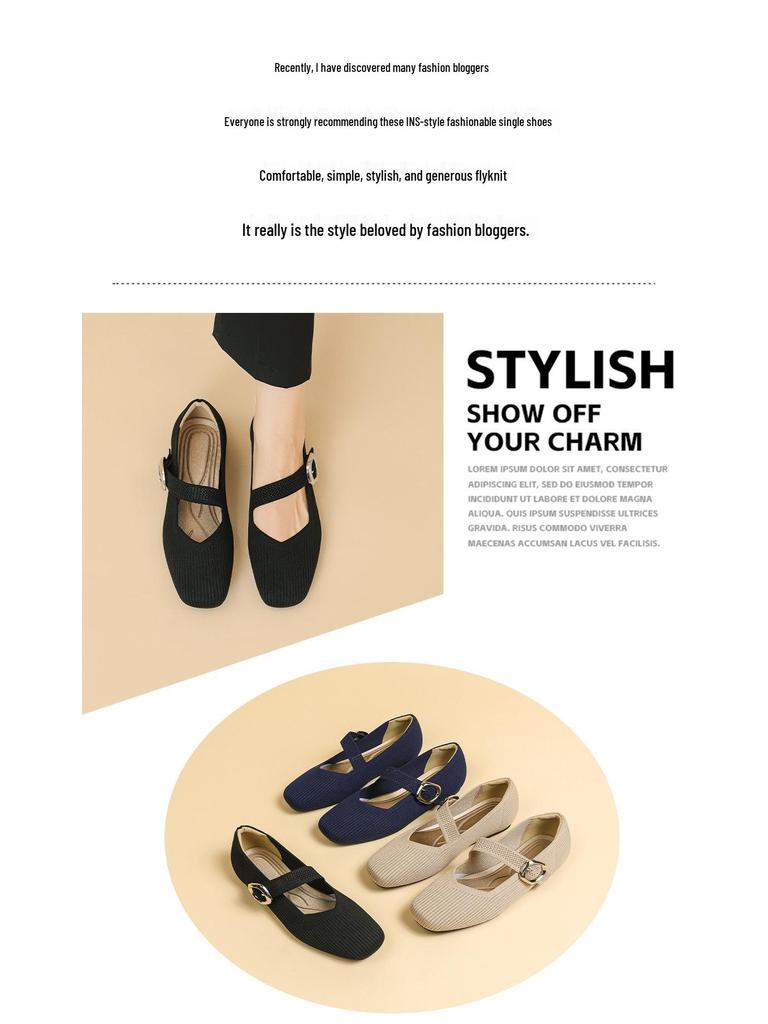 Квадратный носок, вязаные туфли Мэри Джейн Лоферы Королевы 2024 - Мягкая подошва, Низкий вырез, Стиль Весна/Лето.