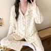 Korean Spring Autumn Ladies Pajamas Set Flora Printed Crepe Cotton Gauze Turn-down Collar Long-sleeve Trousers Household Wear