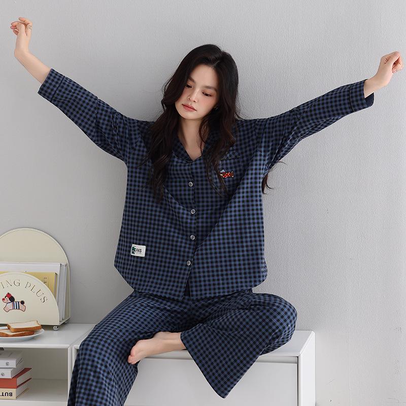 Couple's Plaid Cotton Pajamas Set: Women's Long Sleeve & Pants with Turn-Down Collar