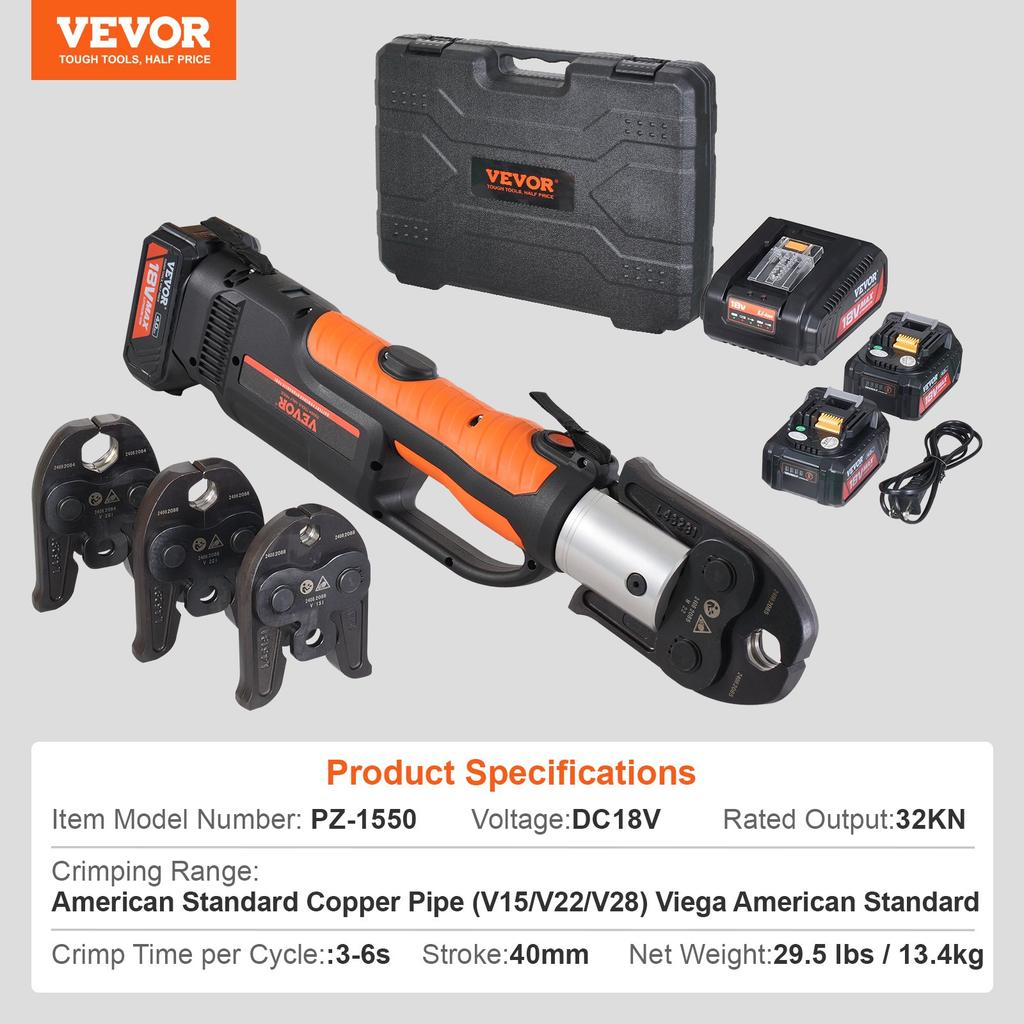 VEVOR Press Tool and Battery Kit, Press Tool, Electric Pipe Crimping Tool with V15, V22, V28 Jaws, Press Tool Kit with 2pcs 18V 4.0Ah Battery