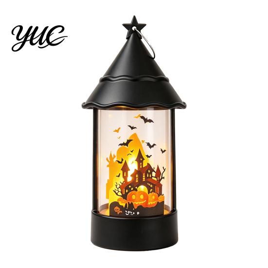 Battery Operated Candle Halloween Witch Hat Lantern, Vintage Spooky Castle Grim Reaper Pumpkin Scarecrow Tabletop Holiday Decor Table Lamp, Flickering