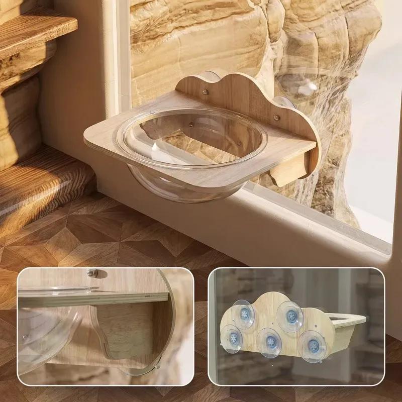 Solid Wood Cat Hammock with Suction Cup for Windows Balcony Hanging Shelf Space Capsule Nest for Indoor Cats