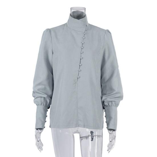 Women Shirt Long Sleeve Stand-Up Collar Regular Fit Casual Shirt Buttons Half Placket Pure Color Office Lady