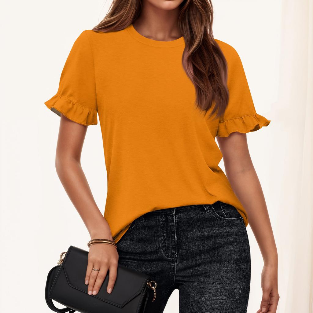 Ladies Summer Solid Color Short Sleeve Ruffle Round Neck T-Shirt