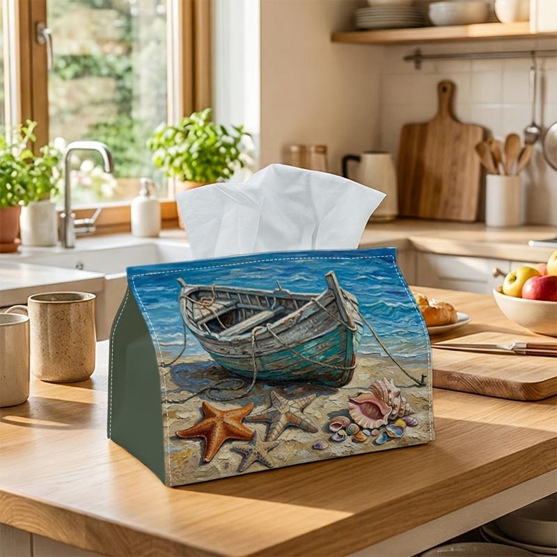 1pc Coastal Boat Starfish Tissue Holder - Ocean Beach Shell Summer Napkin Storage Container, Ideal for Rolls/Facial Tissues/Single Sheets, Available i