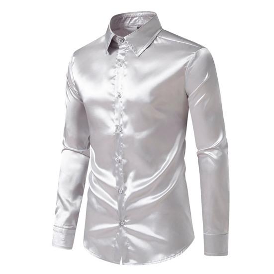 Men Dress Shirt Glossy Surface Satin Solid Color Turn-down Collar Button-down Mid Length Formal Busines Shirt Party Club Shirt