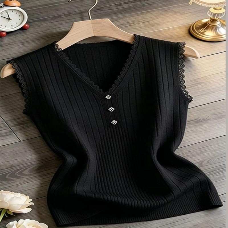 Women S Plus Size Ice Silk Lace Trim V Neck Sleeveless Knit Tank Top Summer Outerwear